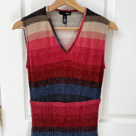 Aqua Smocked Red Striped Mini Sweater Dress Short Sleeve V-neck - Picture 3 of 6